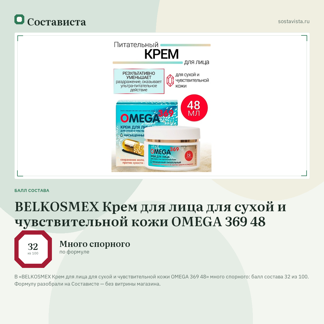 BELKOSMEX Крем для лица для сухой и чувствительной кожи OMEGA 369 48: балл состава 32 из 100 — Состависта