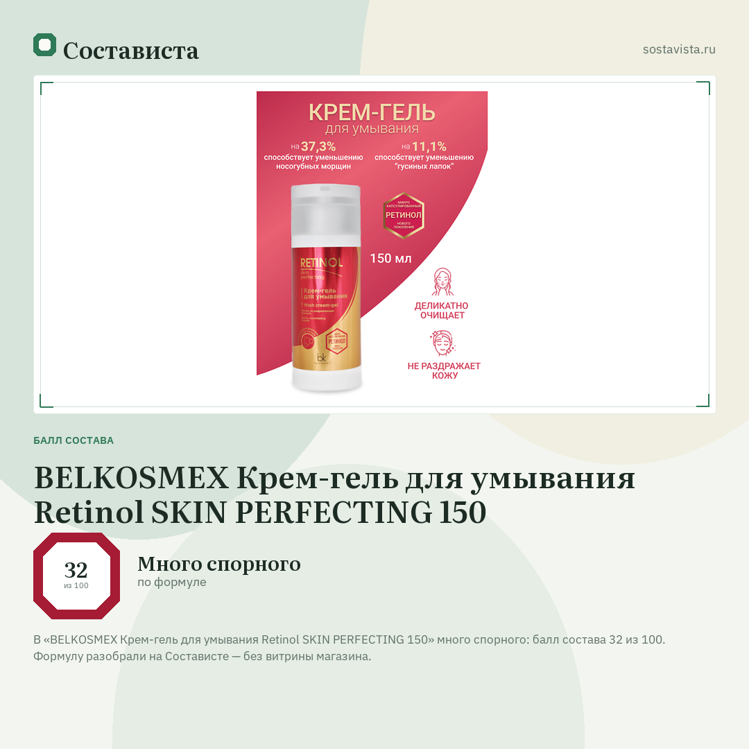BELKOSMEX Крем-гель для умывания Retinol SKIN PERFECTING 150: балл состава 32 из 100 — Состависта