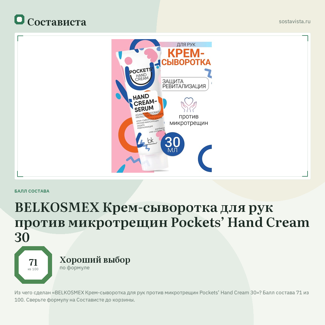 BELKOSMEX Крем-сыворотка для рук против микротрещин Pockets’ Hand Cream 30: балл состава 71 из 100 — Состависта