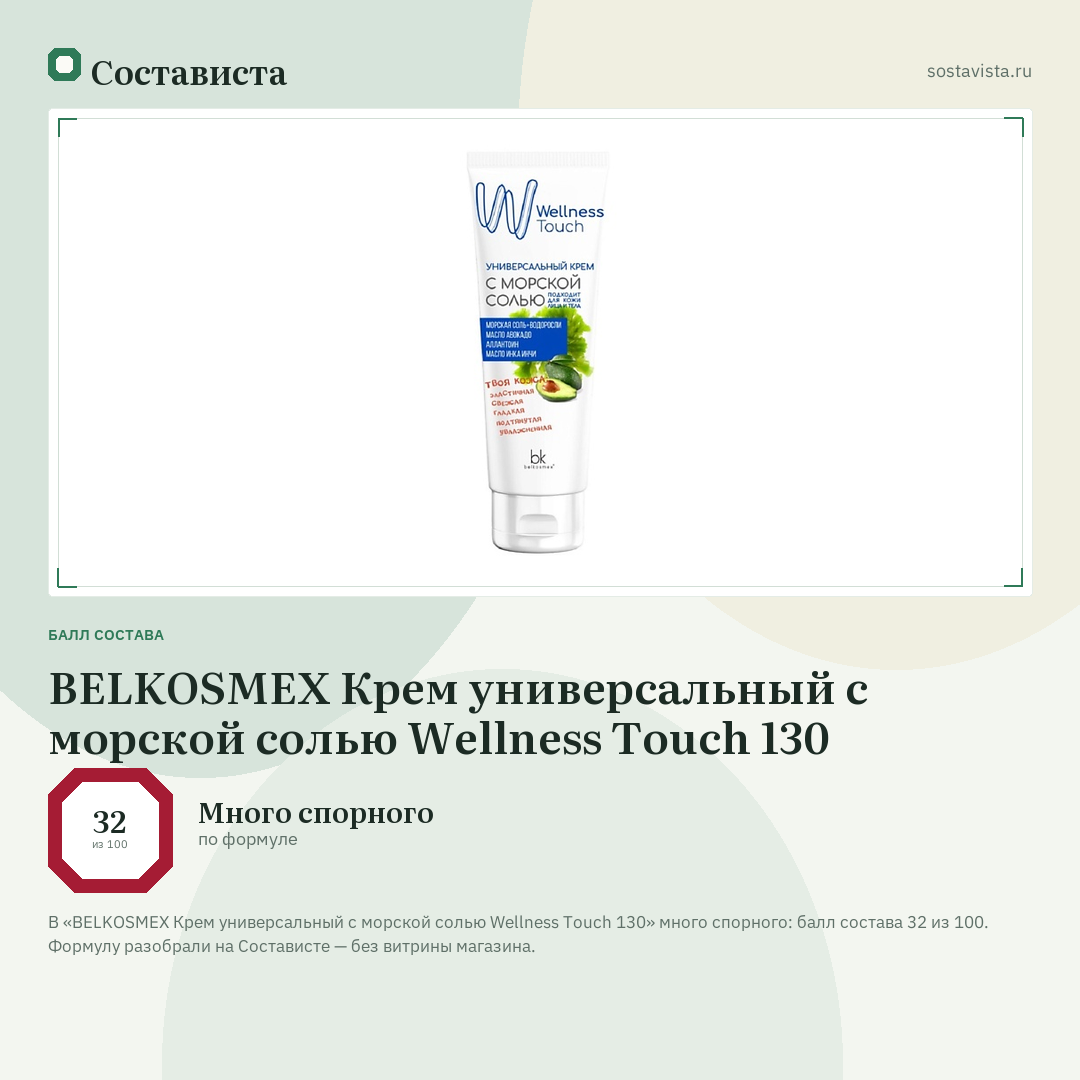 BELKOSMEX Крем универсальный с морской солью Wellness Touch 130: балл состава 32 из 100 — Состависта