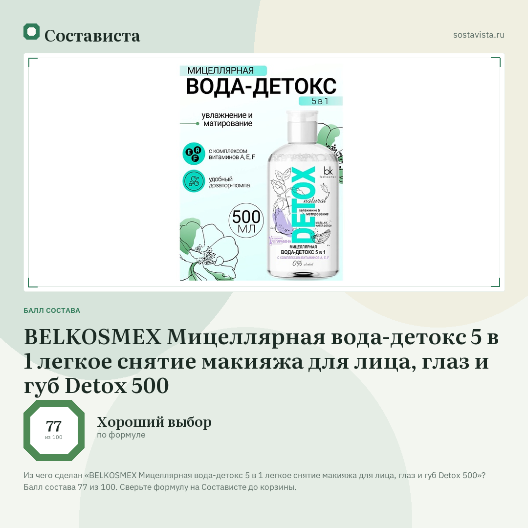 BELKOSMEX Мицеллярная вода-детокс 5 в 1 легкое снятие макияжа для лица, глаз и губ Detox 500: балл состава 77 из 100 — Состависта