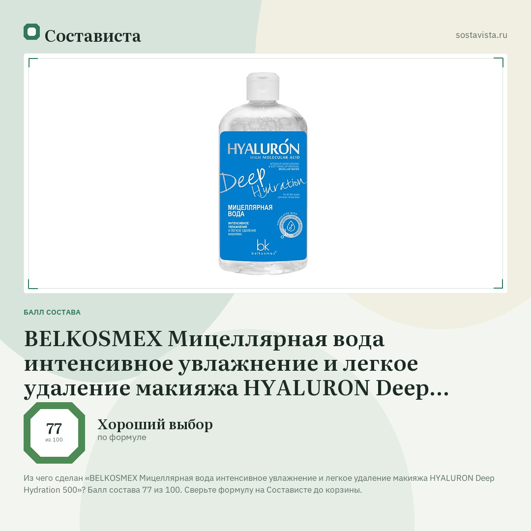 BELKOSMEX Мицеллярная вода интенсивное увлажнение и легкое удаление макияжа HYALURON Deep Hydration 500: балл состава 77 из 100 — Состависта
