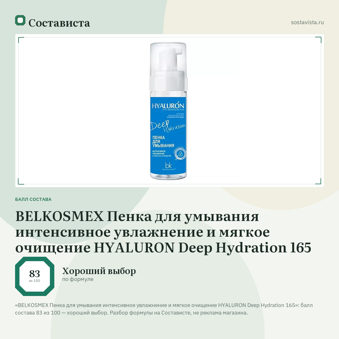 BELKOSMEX Пенка для умывания интенсивное увлажнение и мягкое очищение HYALURON Deep Hydration 165: балл состава 83 из 100 — Состависта