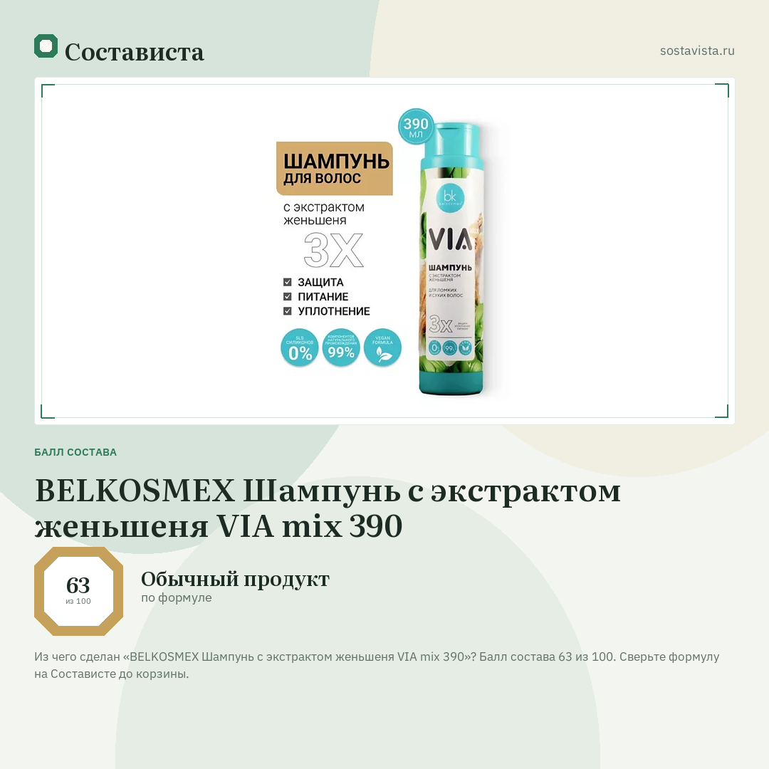 BELKOSMEX Шампунь с экстрактом женьшеня VIA mix 390: балл состава 63 из 100 — Состависта
