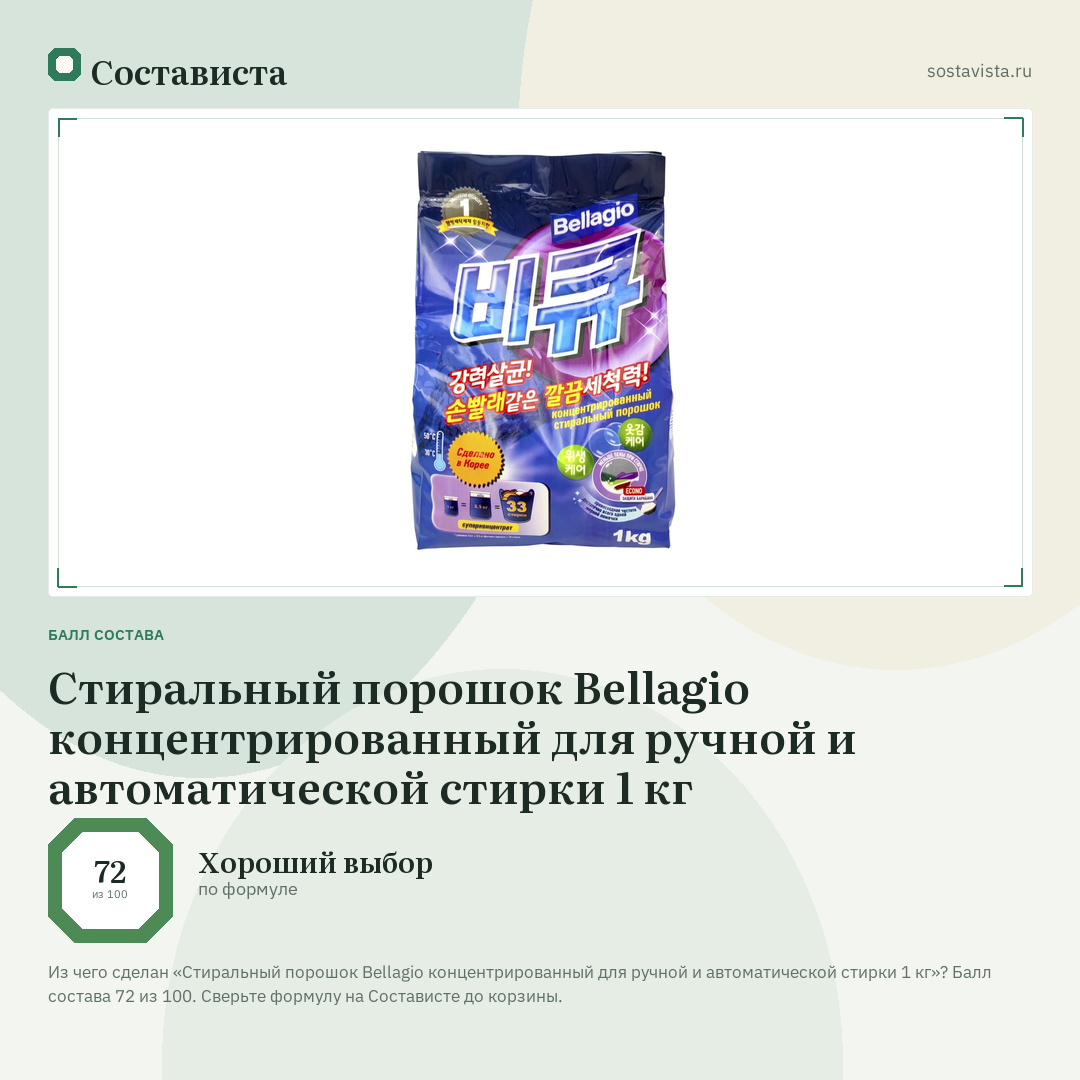 Стиральный порошок Bellagio концентрированный для ручной и автоматической стирки 1 кг: балл состава 72 из 100 — Состависта