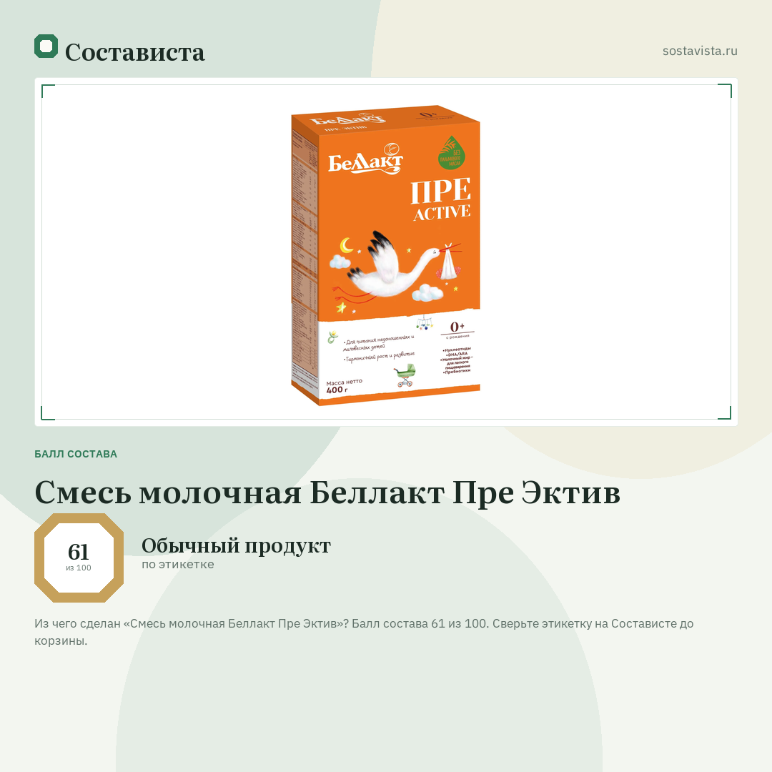 Смесь молочная Беллакт Пре Эктив: балл состава 61 из 100 — Состависта