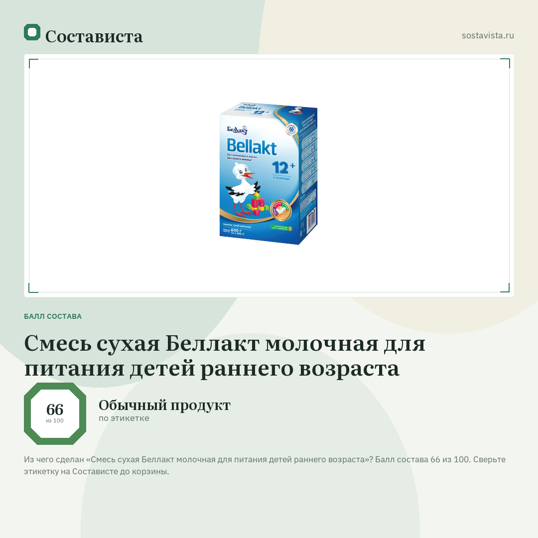 Смесь сухая Беллакт молочная для питания детей раннего возраста: балл состава 66 из 100 — Состависта
