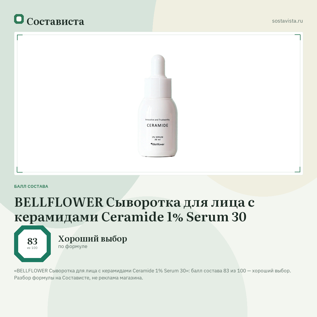BELLFLOWER Сыворотка для лица с керамидами Ceramide 1% Serum 30: балл состава 83 из 100 — Состависта