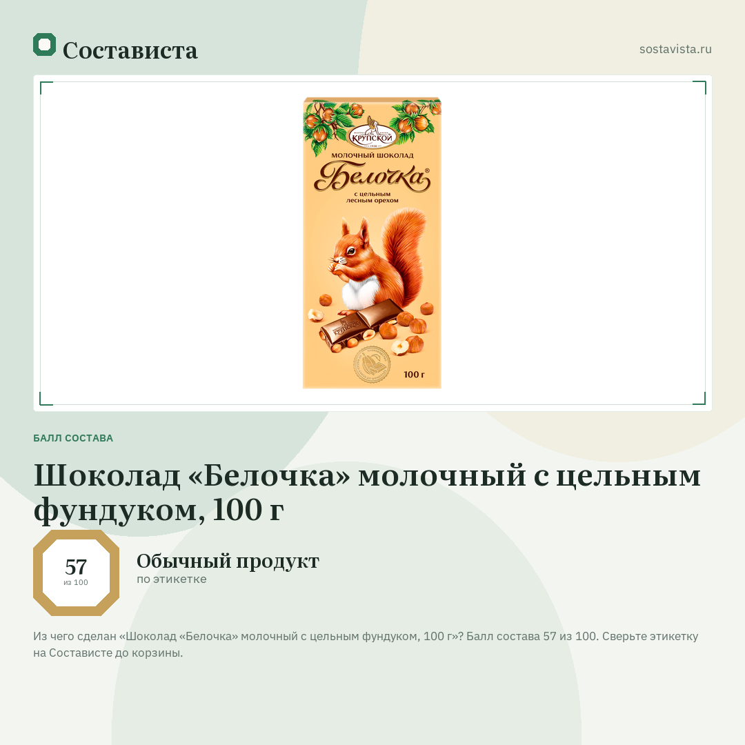 Шоколад «Белочка» молочный с цельным фундуком, 100 г: балл состава 57 из 100 — Состависта