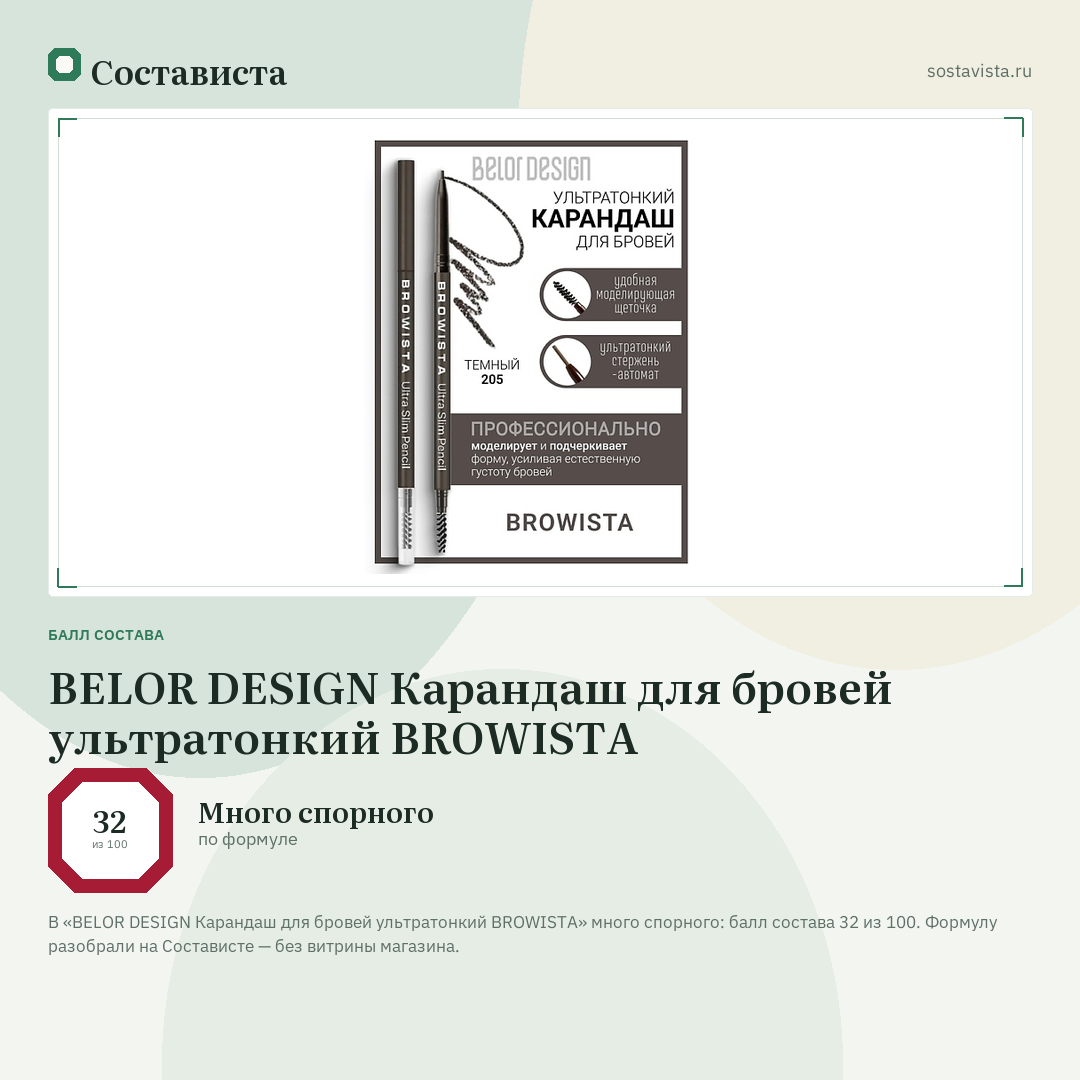 BELOR DESIGN Карандаш для бровей ультратонкий BROWISTA: балл состава 32 из 100 — Состависта