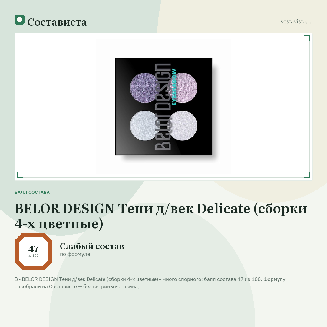 BELOR DESIGN Тени д/век Delicate (сборки 4-х цветные): балл состава 47 из 100 — Состависта