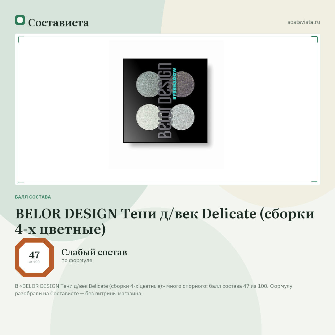 BELOR DESIGN Тени д/век Delicate (сборки 4-х цветные): балл состава 47 из 100 — Состависта