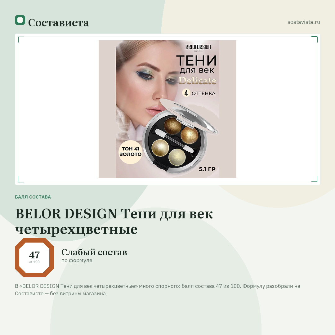 BELOR DESIGN Тени для век четырехцветные: балл состава 47 из 100 — Состависта