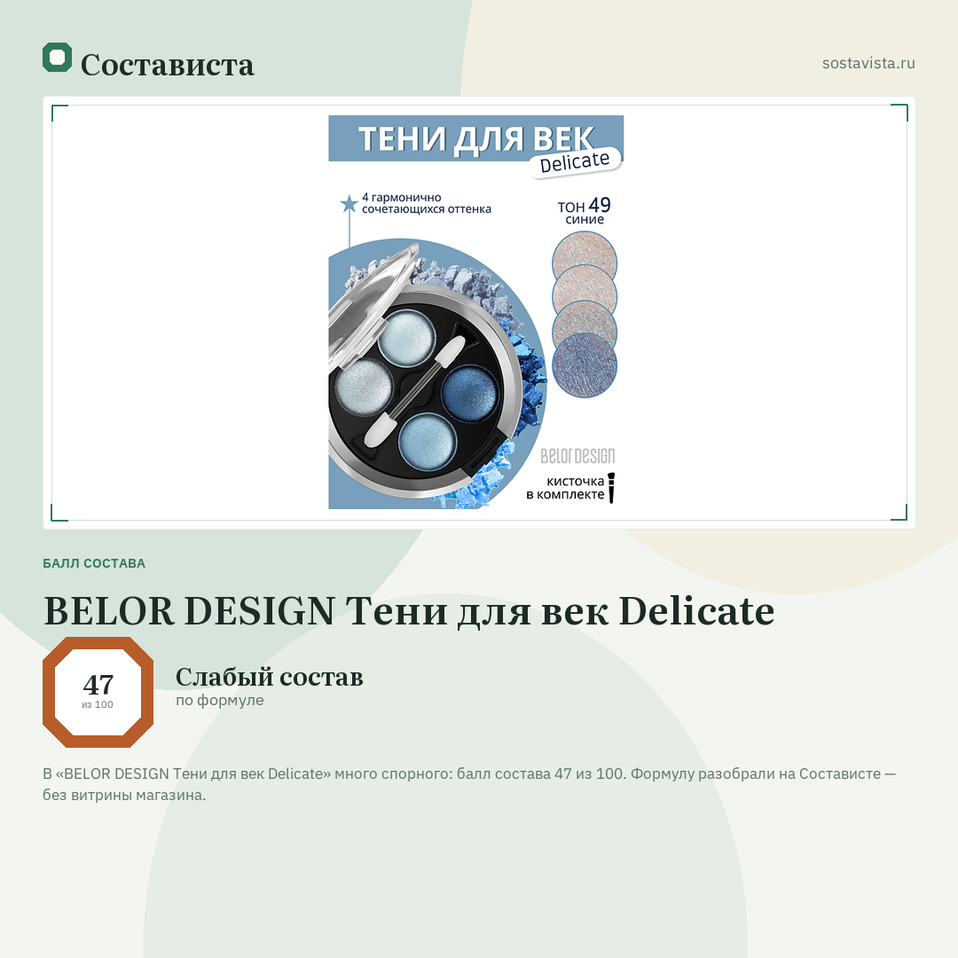 BELOR DESIGN Тени для век Delicate: балл состава 47 из 100 — Состависта