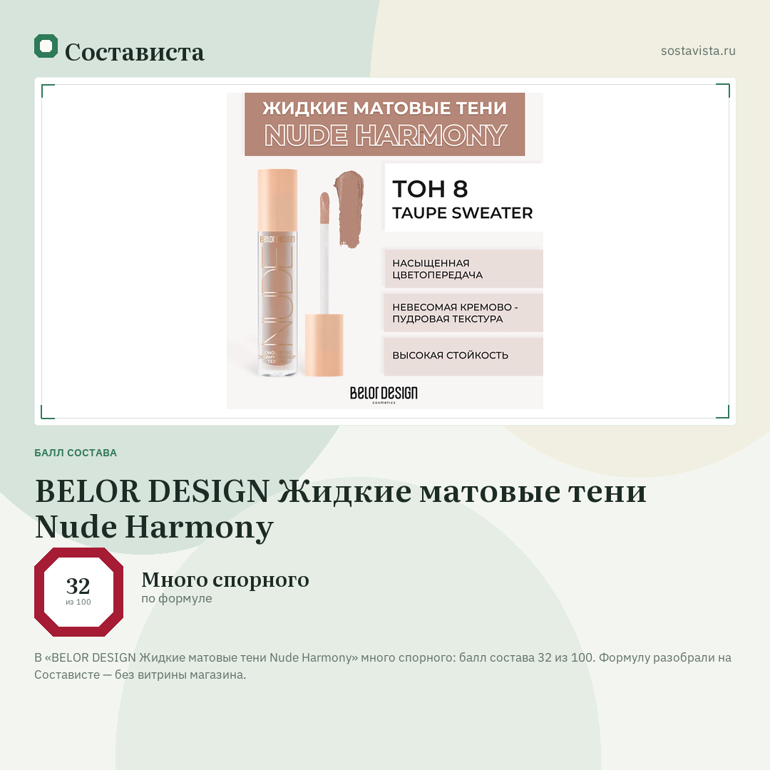 BELOR DESIGN Жидкие матовые тени Nude Harmony: балл состава 32 из 100 — Состависта