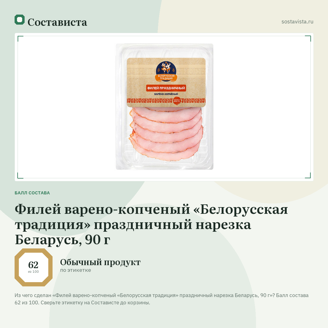 Филей варено-копченый «Белорусская традиция» праздничный нарезка Беларусь, 90 г: балл состава 62 из 100 — Состависта