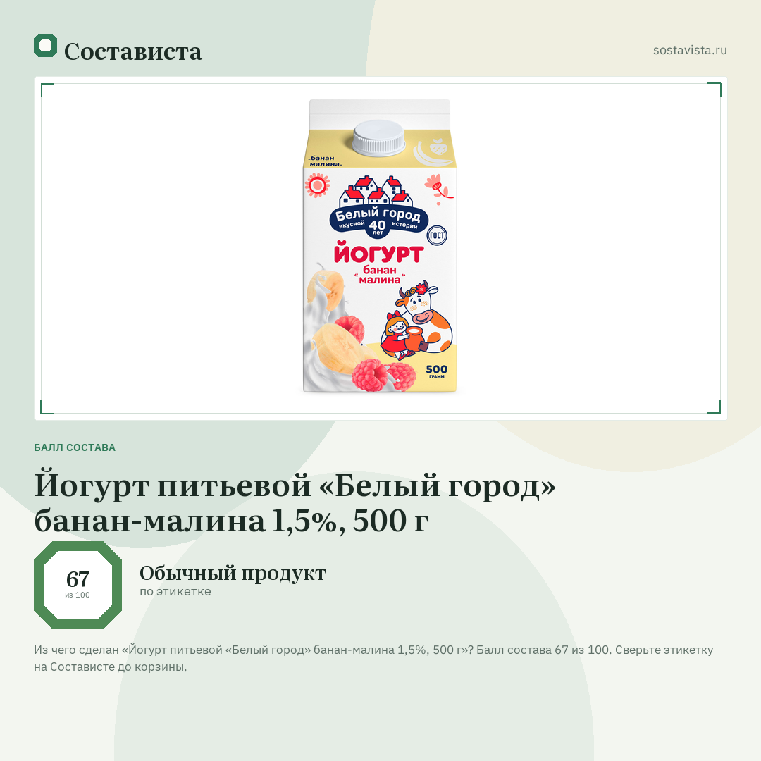 Йогурт питьевой «Белый город» банан-малина 1,5%, 500 г: балл состава 67 из 100 — Состависта