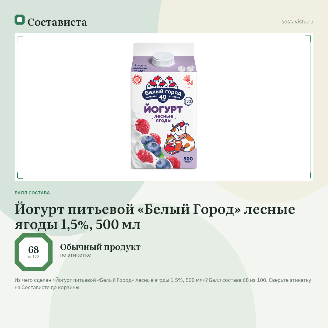 Йогурт питьевой «Белый Город» лесные ягоды 1,5%, 500 мл: балл состава 68 из 100 — Состависта
