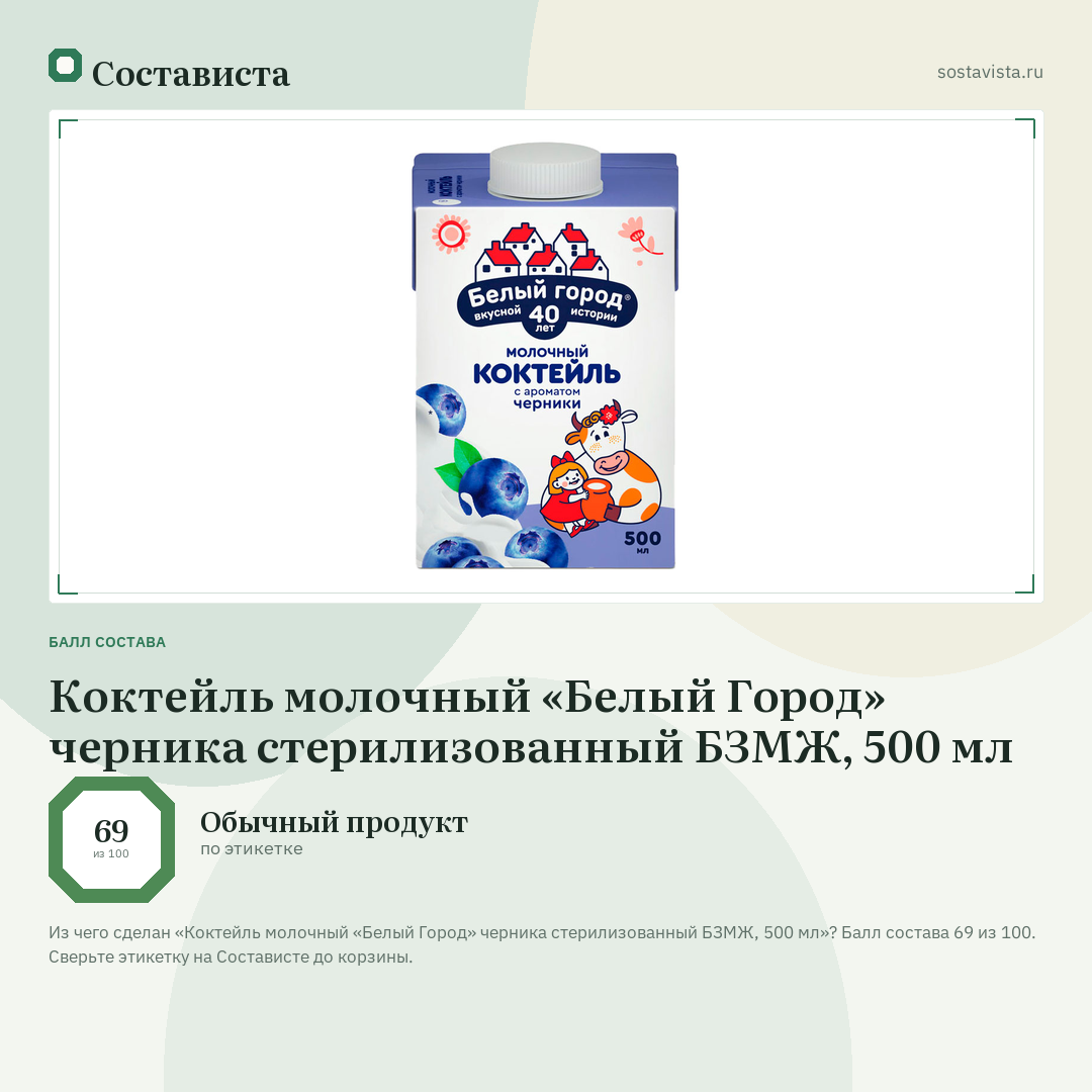 Коктейль молочный «Белый Город» черника стерилизованный БЗМЖ, 500 мл: балл состава 69 из 100 — Состависта