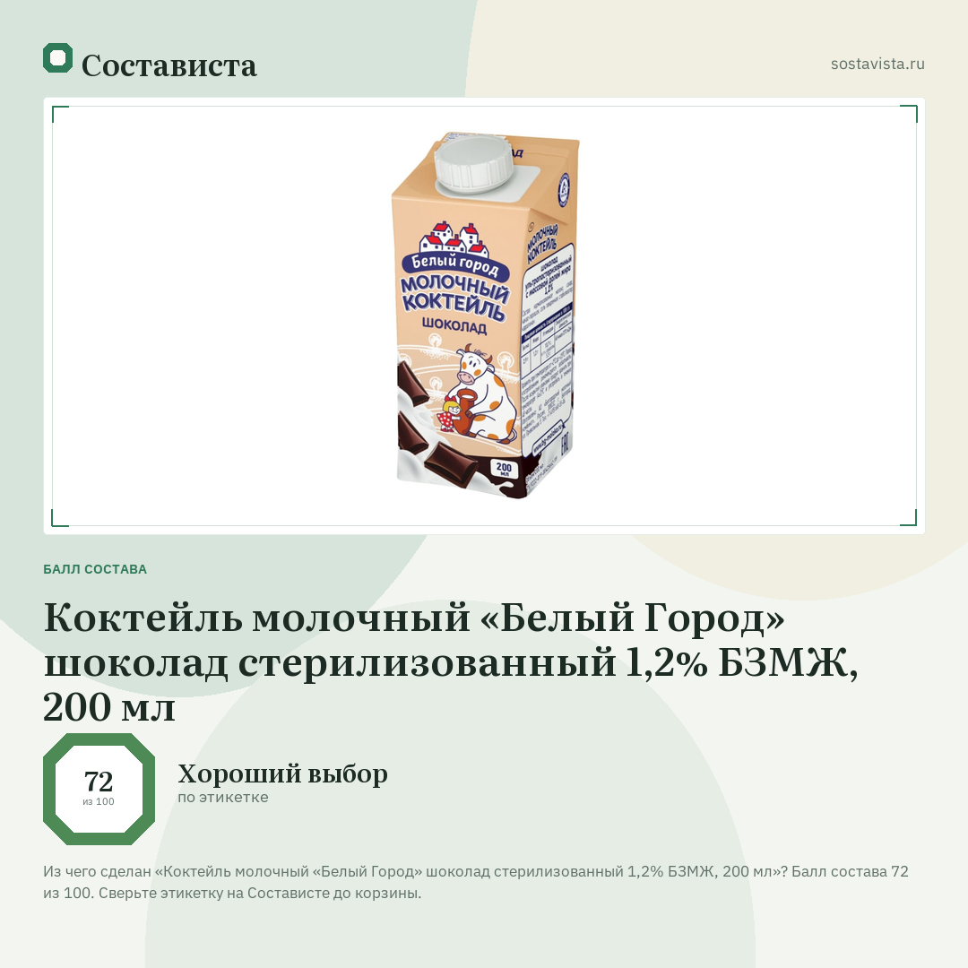 Коктейль молочный «Белый Город» шоколад стерилизованный 1,2% БЗМЖ, 200 мл: балл состава 72 из 100 — Состависта