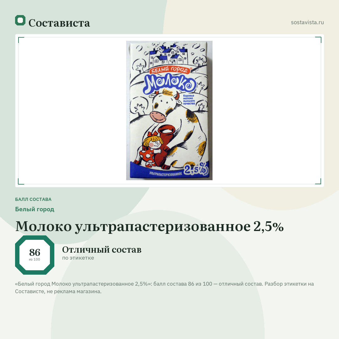 Белый город Молоко ультрапастеризованное 2,5%: балл состава 86 из 100 — Состависта