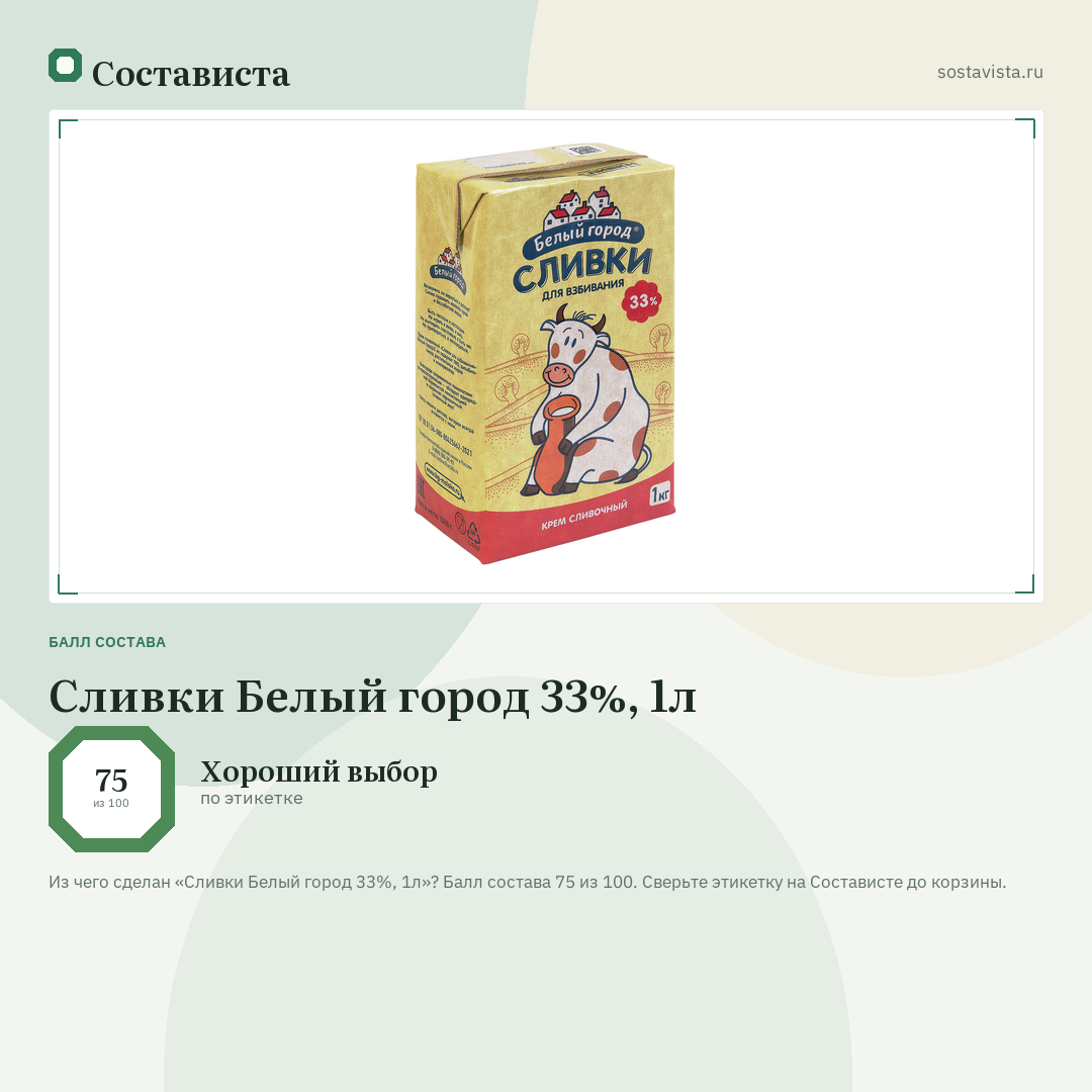 Сливки Белый город 33%, 1л: балл состава 75 из 100 — Состависта
