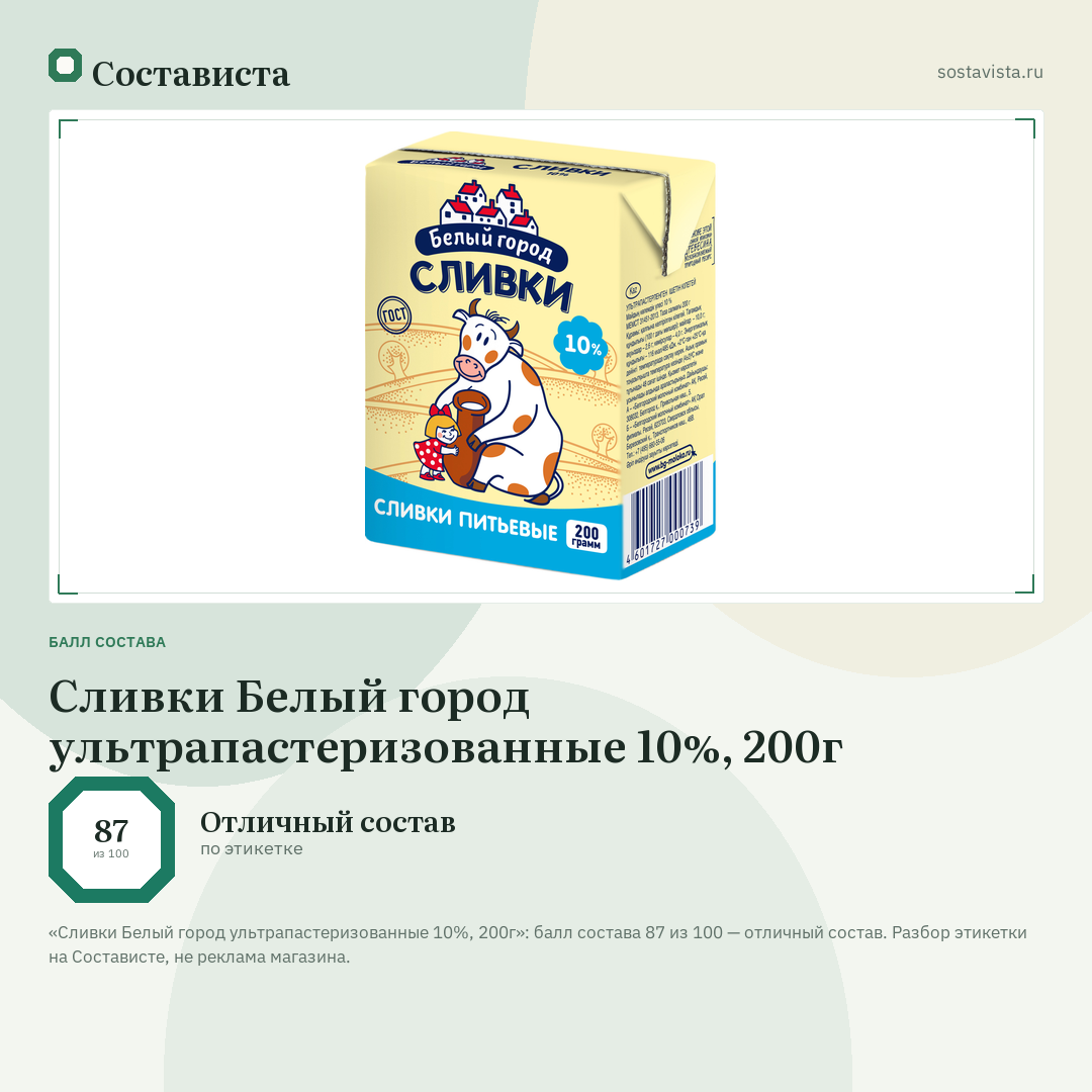 Сливки Белый город ультрапастеризованные 10%, 200г: балл состава 87 из 100 — Состависта