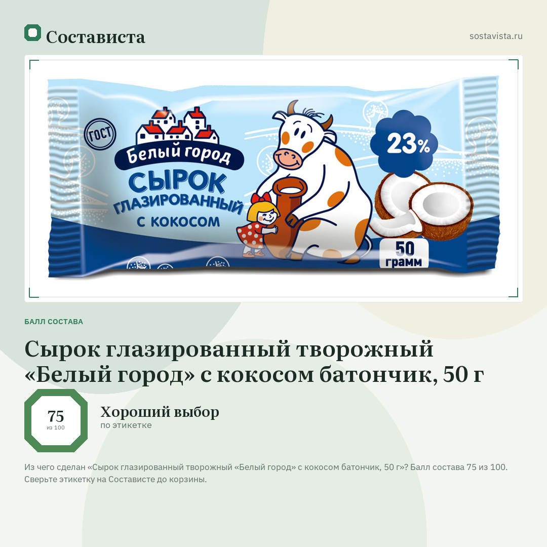 Сырок глазированный творожный «Белый город» с кокосом батончик, 50 г: балл состава 75 из 100 — Состависта