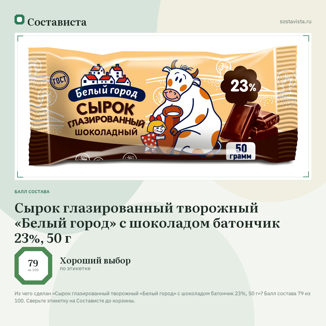 Сырок глазированный творожный «Белый город» с шоколадом батончик 23%, 50 г: балл состава 79 из 100 — Состависта