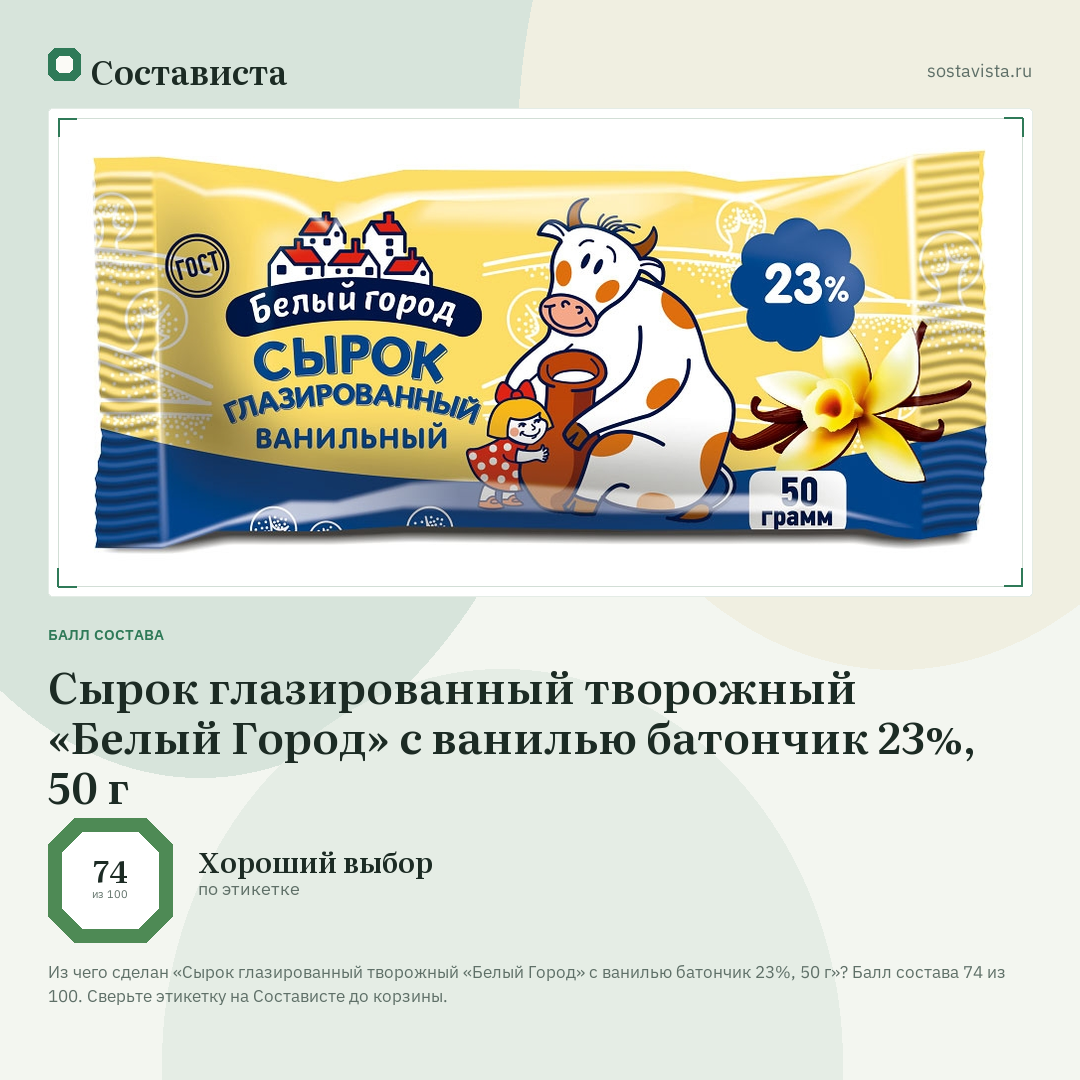 Сырок глазированный творожный «Белый Город» с ванилью батончик 23%, 50 г: балл состава 74 из 100 — Состависта