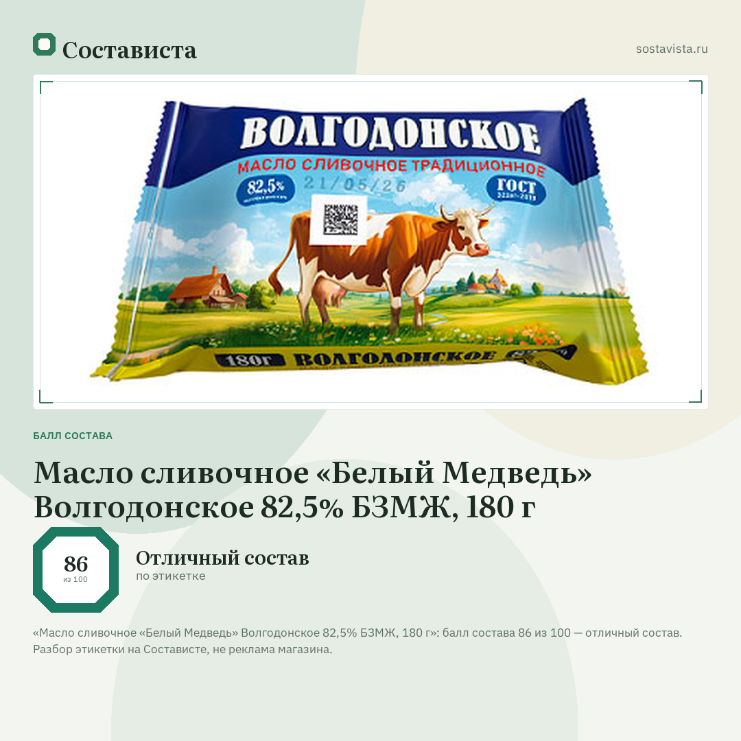 Масло сливочное «Белый Медведь» Волгодонское 82,5% БЗМЖ, 180 г: балл состава 86 из 100 — Состависта