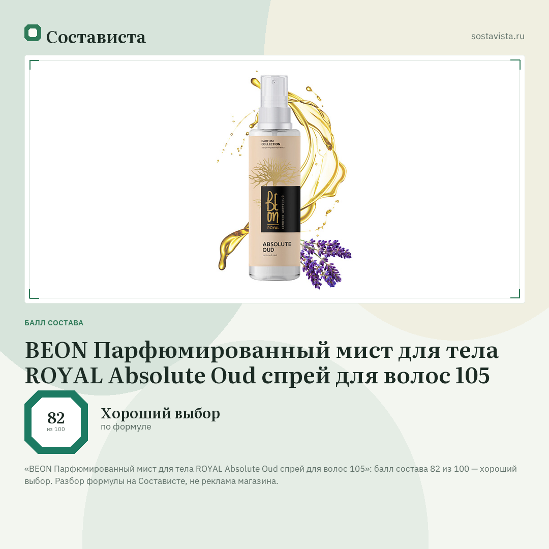 BEON Парфюмированный мист для тела ROYAL Absolute Oud спрей для волос 105: балл состава 82 из 100 — Состависта