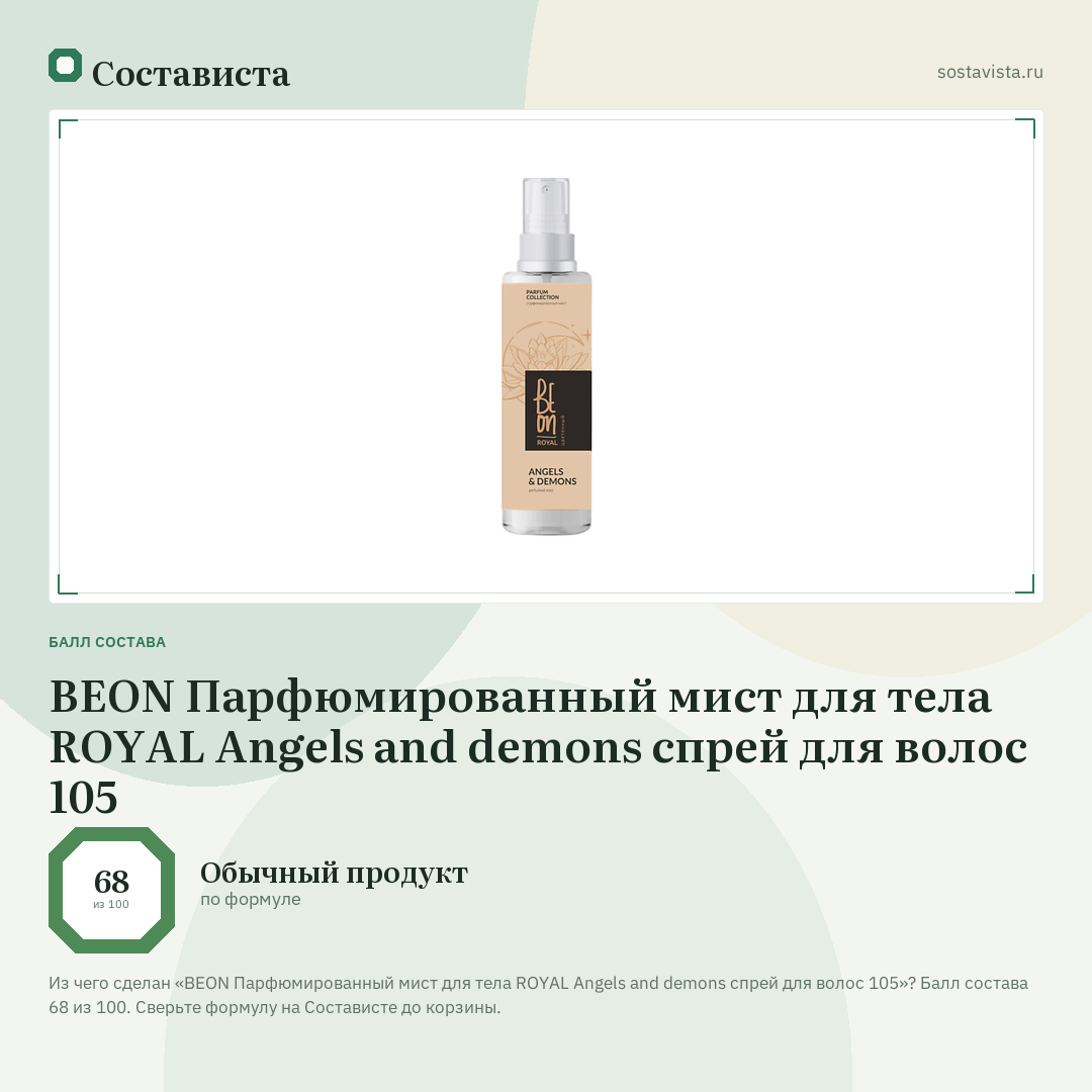 BEON Парфюмированный мист для тела ROYAL Angels and demons спрей для волос 105: балл состава 68 из 100 — Состависта