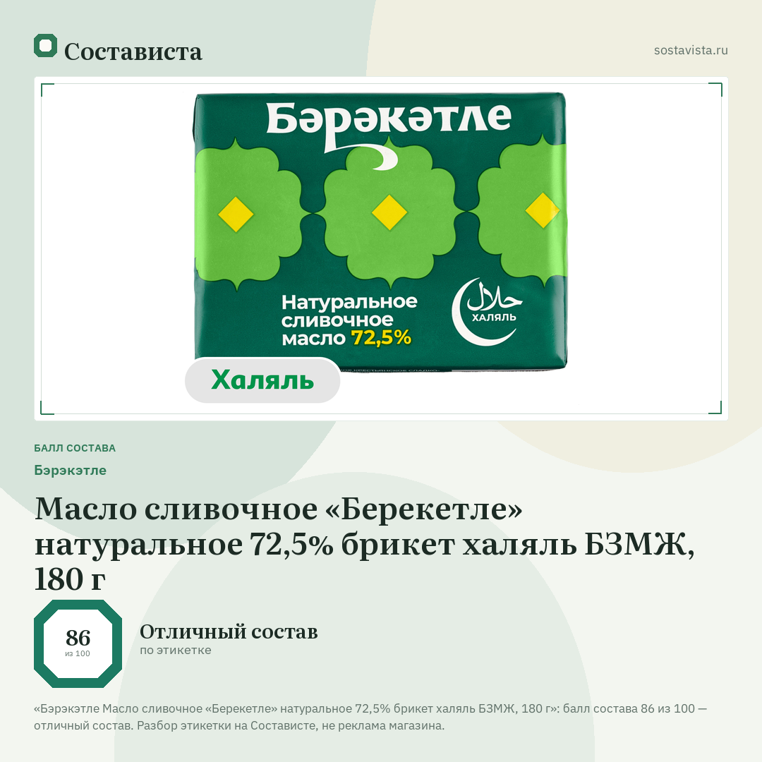 Бэрэкэтле Масло сливочное «Берекетле» натуральное 72,5% брикет халяль БЗМЖ, 180 г: балл состава 86 из 100 — Состависта