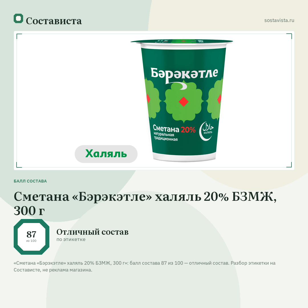 Сметана «Бэрэкэтле» халяль 20% БЗМЖ, 300 г: балл состава 87 из 100 — Состависта