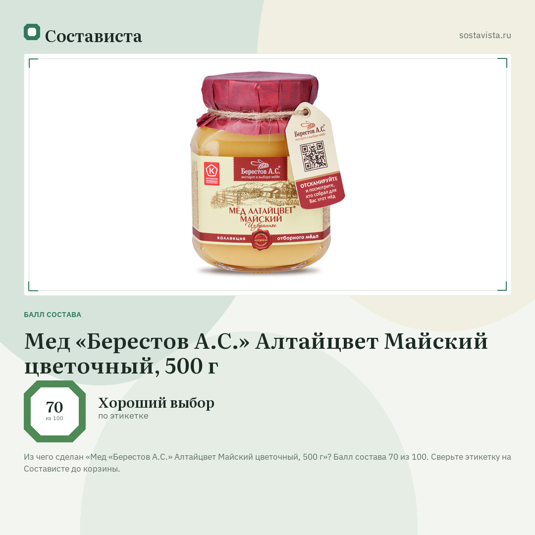Мед «Берестов А.С.» Алтайцвет Майский цветочный, 500 г: балл состава 70 из 100 — Состависта
