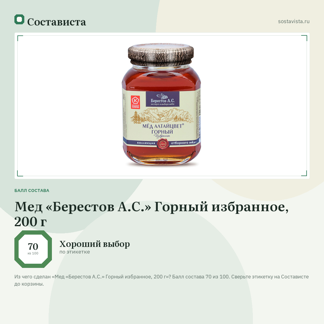 Мед «Берестов А.С.» Горный избранное, 200 г: балл состава 70 из 100 — Состависта