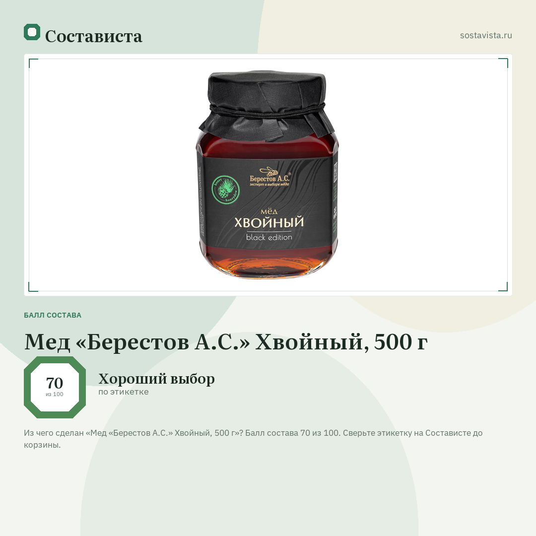 Мед «Берестов А.С.» Хвойный, 500 г: балл состава 70 из 100 — Состависта