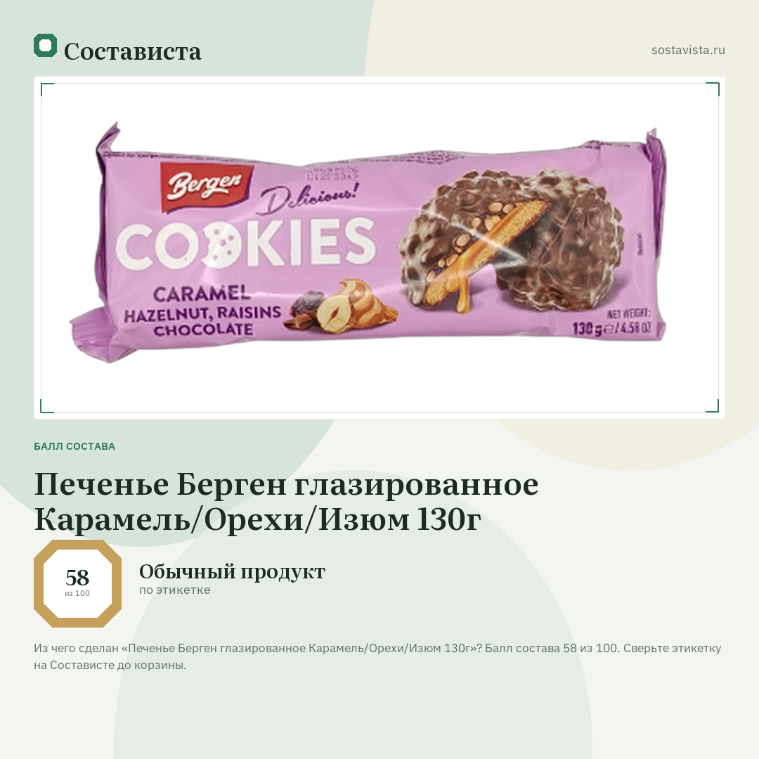 Печенье Берген глазированное Карамель/Орехи/Изюм 130г: балл состава 58 из 100 — Состависта