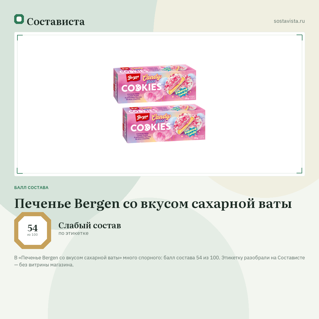 Печенье Bergen со вкусом сахарной ваты: балл состава 54 из 100 — Состависта