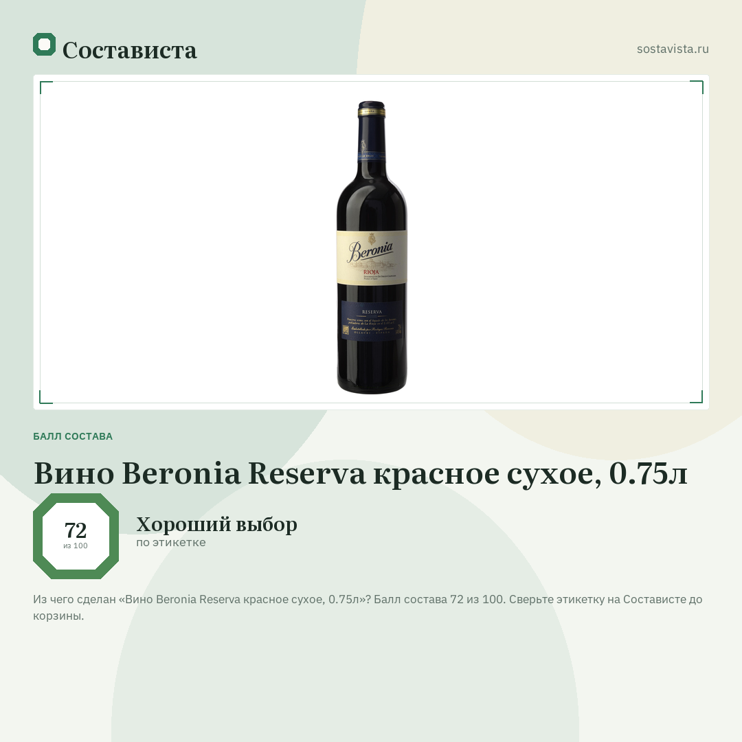 Вино Beronia Reserva красное сухое, 0.75л: балл состава 72 из 100 — Состависта