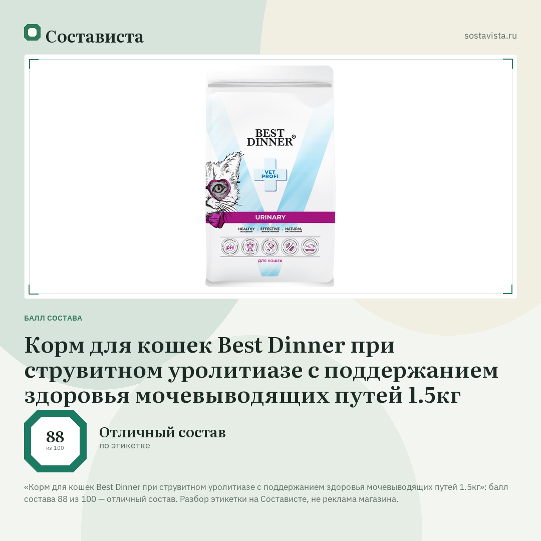 Корм для кошек Best Dinner при струвитном уролитиазе с поддержанием здоровья мочевыводящих путей 1.5кг: балл состава 88 из 100 — Состависта