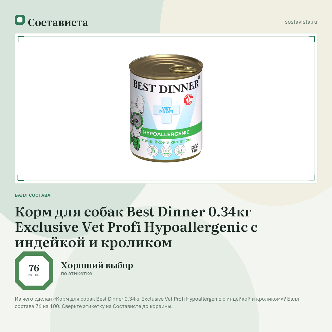 Корм для собак Best Dinner 0.34кг Exclusive Vet Profi Hypoallergenic с индейкой и кроликом: балл состава 76 из 100 — Состависта
