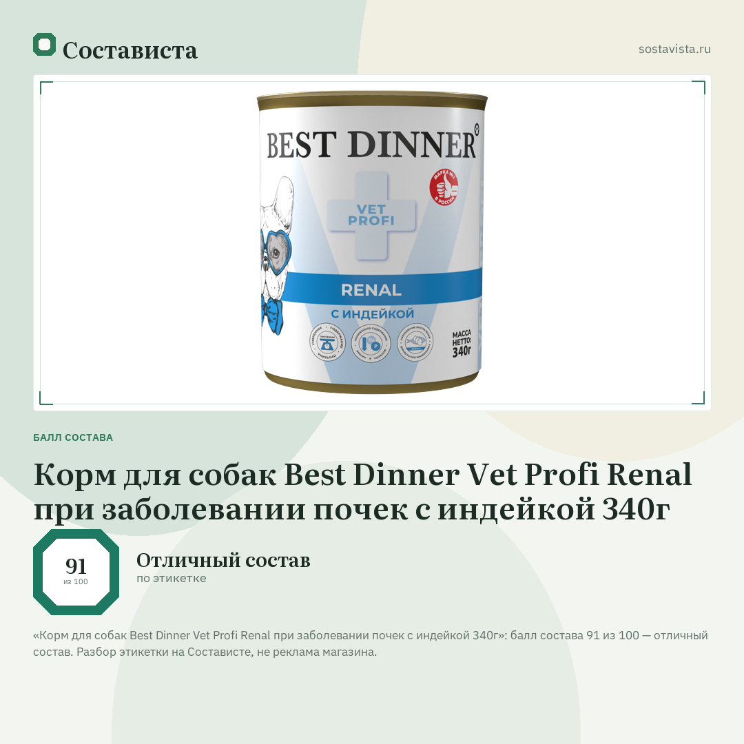 Корм для собак Best Dinner Vet Profi Renal при заболевании почек с индейкой 340г: балл состава 91 из 100 — Состависта