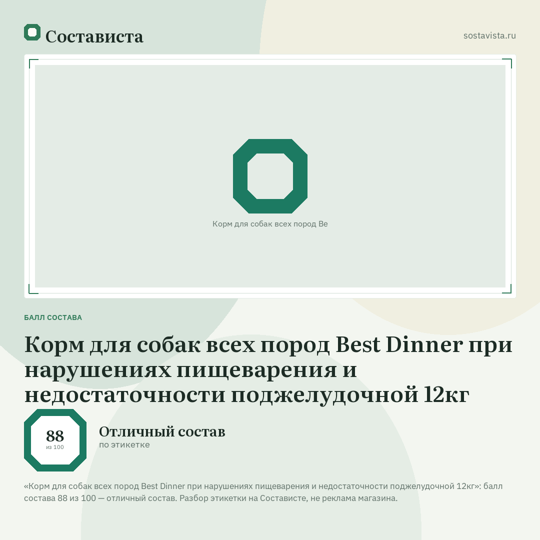 Корм для собак всех пород Best Dinner при нарушениях пищеварения и недостаточности поджелудочной 12кг: балл состава 88 из 100 — Состависта