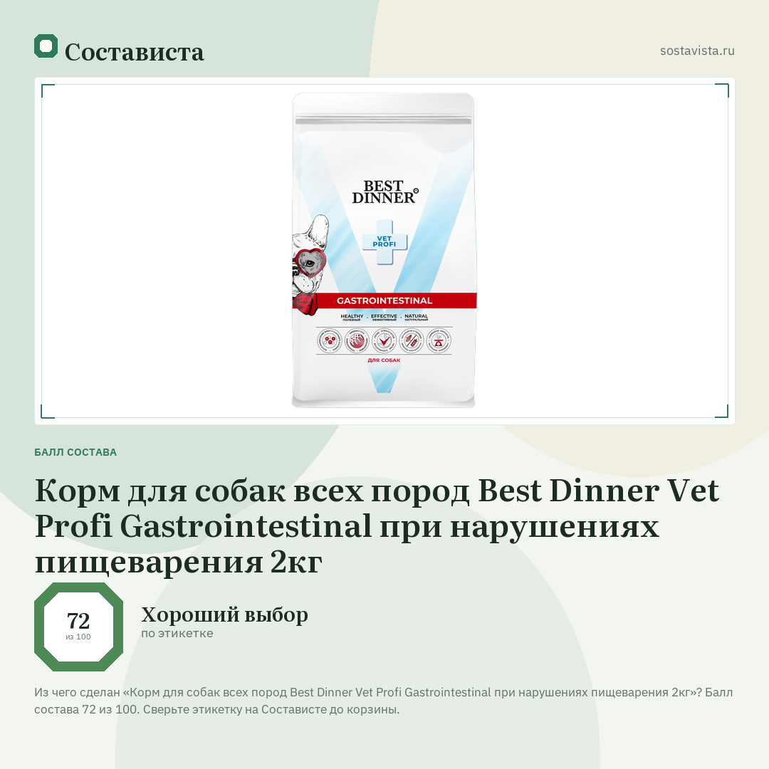 Корм для собак всех пород Best Dinner Vet Profi Gastrointestinal при нарушениях пищеварения 2кг: балл состава 72 из 100 — Состависта