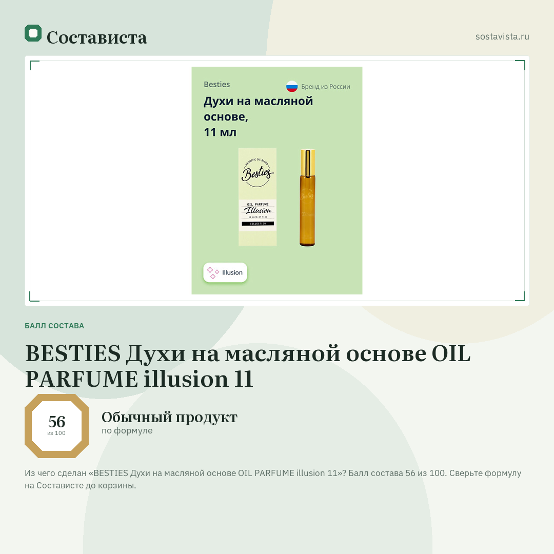 BESTIES Духи на масляной основе OIL PARFUME illusion 11: балл состава 56 из 100 — Состависта