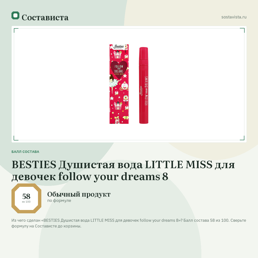BESTIES Душистая вода LITTLE MISS для девочек follow your dreams 8: балл состава 58 из 100 — Состависта