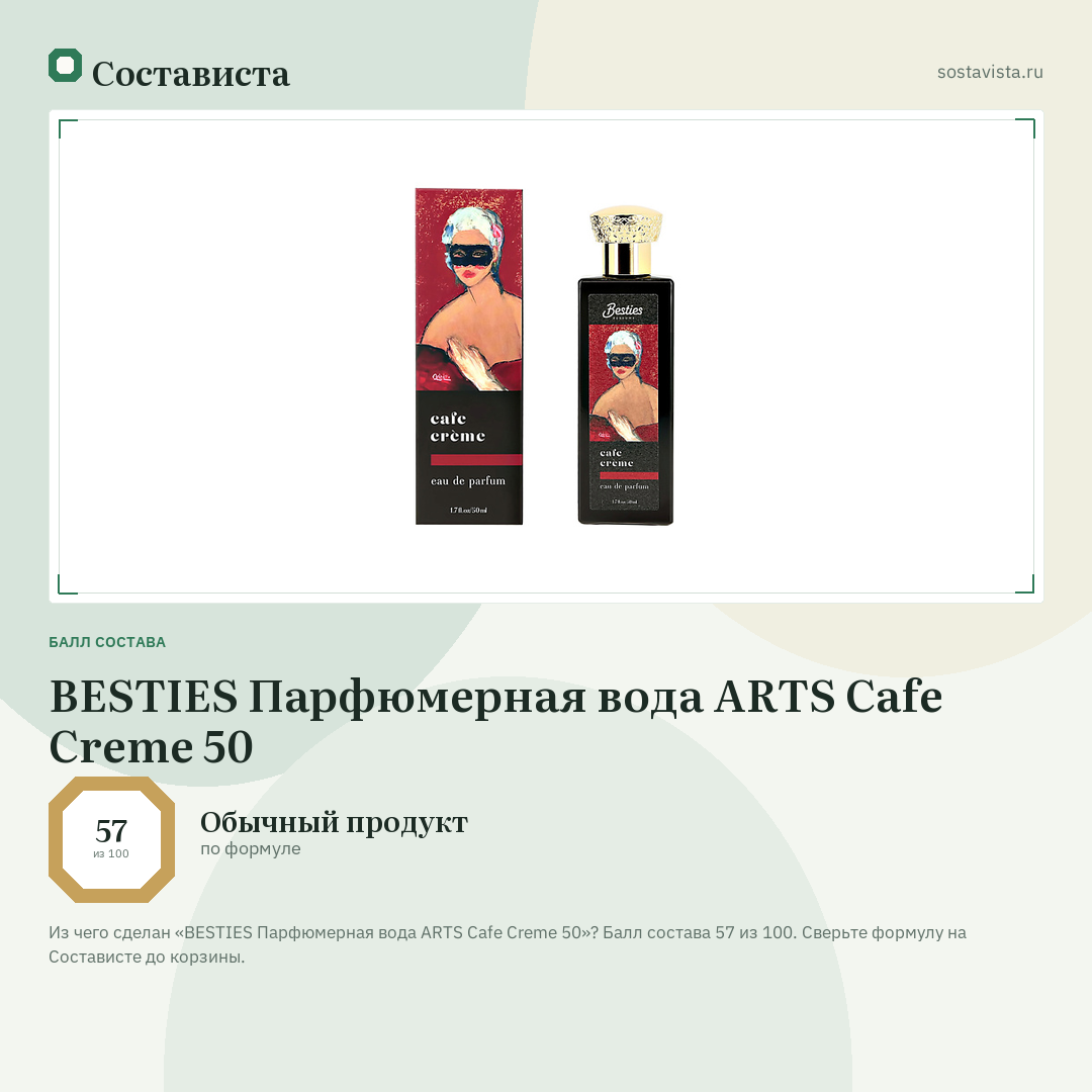BESTIES Парфюмерная вода ARTS Cafe Creme 50: балл состава 57 из 100 — Состависта