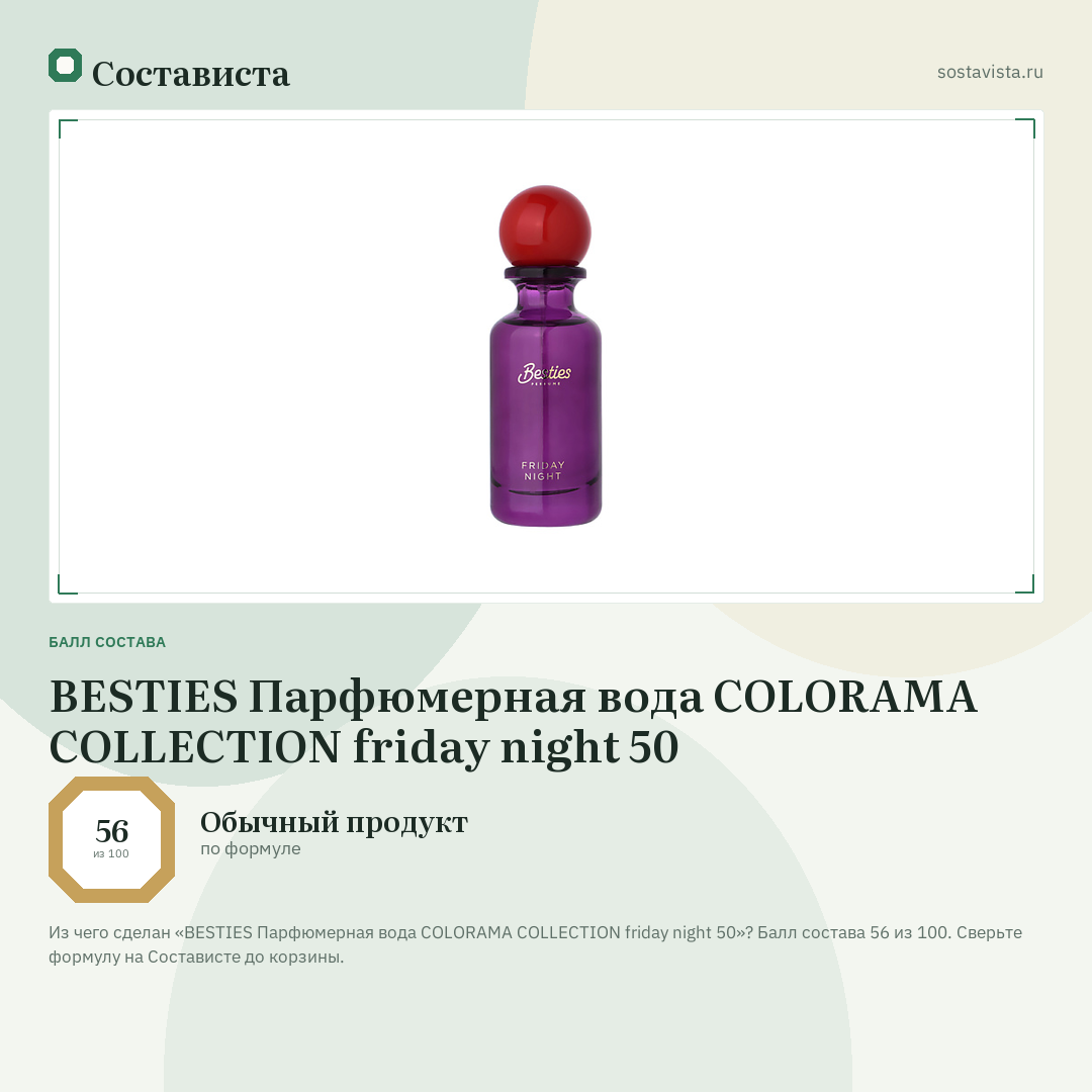 BESTIES Парфюмерная вода COLORAMA COLLECTION friday night 50: балл состава 56 из 100 — Состависта